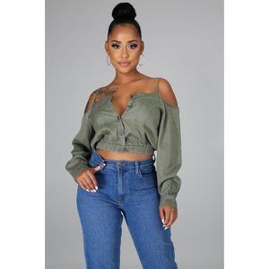 Olive Long Sleeve Off Shoulder Top #1700